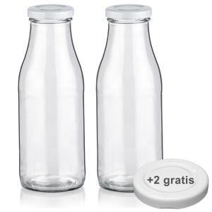 Milchflaschen 0,5L Smoothie Saft Flaschen 500ml leere Glasflaschen Deckel BPA frei, 2 Milchflaschen mit 4 Deckeln