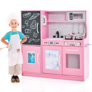 COSTWAY Kinderküche mit 10 Spielzubehör, Spielküche Kinder mit Tafel, Spielzeugküche mit Mikrowelle Eismaschine & Geschirrspüler & Backofen (Rosa)