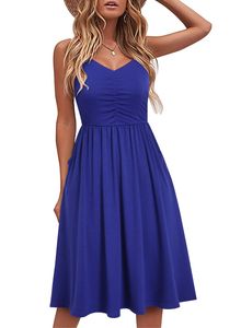 Damen V-Ausschnitt Cooles Sommerkleid Swing Tank Top Kleid ärmelloses Strandkleid knielang mit Taschen    XL