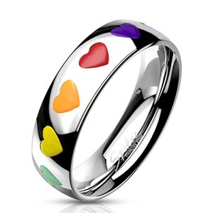 49 (15.6) Bungsa© REGENBOGEN Herz Ring Damen - silberner aus EdelstahlRING für Frauen mit bunten Herzen - DAMENRING mit grünem, gelbem, orangem, rotem & violettem Herz - RAINBOW LGBT Gay Pride