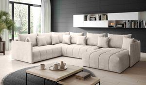 FURNIX U-Form Sofa ASVIL BIS Polstercouch mit Bettkasten und Kissen EN01 Creme