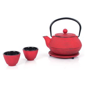 Echtwerk Teeservice Gusseisen Teekanne 1,1 L Teebereiter inkl. Untersetzer 2 Teetassen Teekannen-Set Vintage-Design, Farbe: Rot