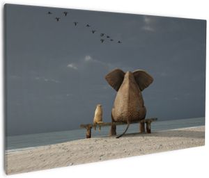 Wallario Premium Leinwandbild Elefant und Hund sitzen auf einer Bank in Größe 60 x 90 cm