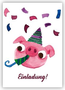 4x Freche gemalte Einladungskarte mit Party Schwein zum Übertritt, Einschulung, Geburtstag und was es noch zu feiern gibt: Einladung