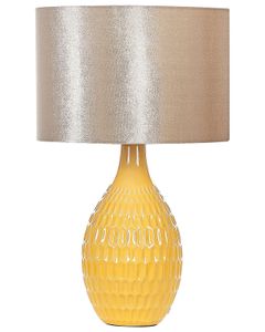 BELIANI Tischlampe Gelb / Gold 54 cm geprägt Keramiksockel Kabel mit Schalter glänzender Lampenschirm Stoff Schlafzimmer Wohnzimmer Retro