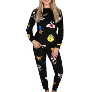 Looney Melodies Damen Schlafanzug schwarz, Schlafanzug mit langen Ärmeln, zweiteilig, warm, kuschelig XS