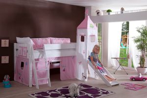 Relita - Halbhohes Spielbett Kim mit Rutsche und Turm, Buche massiv weiß lackiert, mit Stoffset Princess