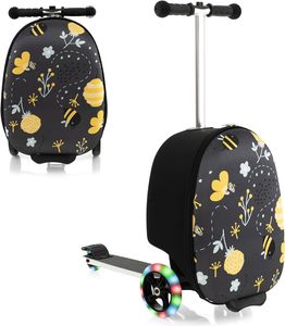 2 in 1 Kinderkoffer & Scooter Kinder ab 5 Jahre, Kindertrolley mit Blinkenden LED-Rädern, Kindergepäck 19 Zoll für Reisen (Biene)