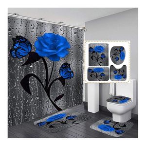 FNCF 4-teilige Blumenduschvorhang-Sets mit rutschfesten Teppichen Toilettendeckel Wasserdichter Stoff-Duschvorhang Badezimmerdekor