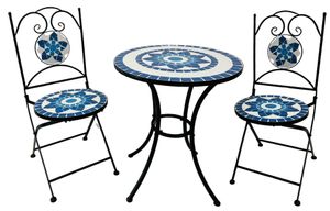 Mosaik-Bistroset "Orion"  bestehend aus 2 Stühlen und 1 Tisch, in Blau-Weiß