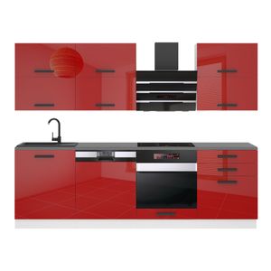 Belini Küchenzeile Küchenblock Madison - Küchenmöbel 240 cm Einbauküche Vollausstattung ohne Elektrogeräten mit Hängeschränke und Unterschränke, mit Arbeitsplatten, Rot Hochglanz
