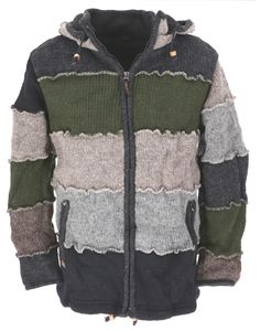 Wolljacke, Patchwork Nepaljacke, Gefütterte Strickjacke Grau/olivgrün - Modell 7, Herren, Wolle, Größe: M