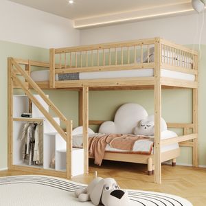 Flieks Etagenbett 140x200cm mit Rausfallschutz, Hochbett mit Treppe mit Kleiderstange und Ablagen, Kinderbett Doppelbett mit Lattenrost, Naturbelassen Flieks Etagenbett 140x200cm mit Rausfallschutz, Hochbett mit Treppe mit Kleiderstange und Ablagen, Kinderbett Doppelbett mit Lattenrost, Naturbelassen