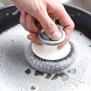 Pot-Scrubber-Griff Design Nicht leicht zu rostend arbeitssparend Ergonomisch Effektiv Fleckenentfernung wiederverwendbare Edelstahl-Wollwaschmittel Reinigungsvorräte