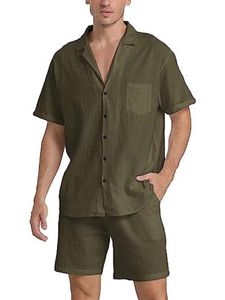 Herren Freizeitanzug Baumwolle Leinen Hemden und Shorts Zweiteiler Freizeitanzug Armeegrün,Größe XL