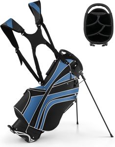 COSTWAY Golfbag mit Ständer und Regenschirmhalter, 7 Standbag inkl. Kühltasche und Schultergurt Blau