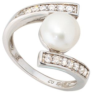 JOBO Damen Ring 925 Sterling Silber rhodiniert 1 Süßwasser Perle mit Zirkonia Größe 50