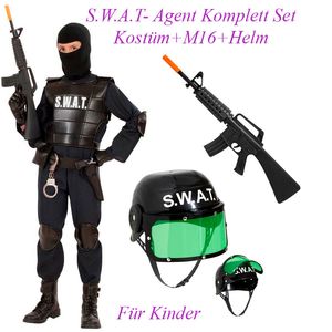 Kinder Komplett Set SWAT Kostüm + M16 Maschinengewehr & SWAT Helm # Gr. 128