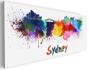 Wallario Premium Leinwandbild Städte als Aquarell - Skyline von Sydney in Größe 50 x 125 cm