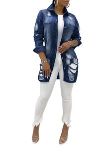 Frauen Mit Taschen Denim Jacken Fall Saum Strickjacke Loch Revers Hals Unifarben, Farbe:Navy Blau, Größe:Xl