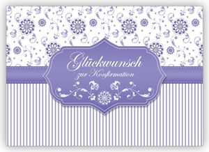Edle Grußkarte als Gratulation des Konfirmanden, der Konfirmandin mit Blümchen und Streifen, lila: Glückwunsch zur Konfirmation