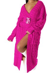 Damen Strickjacken Chunky Kabel Lange Pullover Trendy mit Taschen Maxi Outwear Cardigan Rosenrot,Größe M