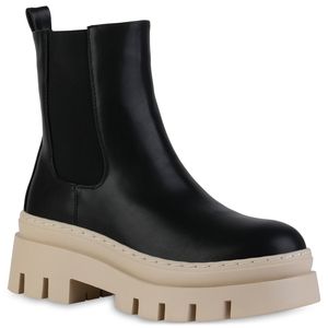 VAN HILL Damen Plateau Boots Stiefeletten Blockabsatz Stiefel Profil-Sohle Schuhe 839451, Farbe: Schwarz Beige, Größe: 38