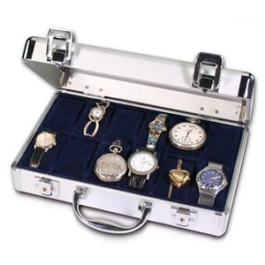 SAFE 265 ALU Uhrenaufbewahrungsbox Herren für 12 Uhren-Schmuckhalter in königsblauem Samt - abschließbare Uhren Box mit Glasdeckel und abnehmbaren Uhrenkissen