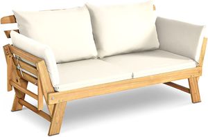 GOPLUS 2 in 1 Gartenbank & Gartenliege, 2 Sitzer mit Kissen bis zu 320 kg, Akazienholz  mit Verstellbarer Armlehne & Abnehmbaren Sitz- & Rückenkissen