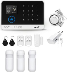 HUXGO HXA003 WLAN + GSM 4G LTE Funk Alarmanlage mit 3 Bewegungssensoren , Alarm für Büro, Haus, Wohnung, Steuerung über das Handy, TUYA Smart App