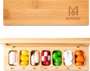 Tablettenbox 7 Tage, Pillendose mit verbessertem offenem Design, Medikamentenbox Deutsch, Holz tragbarer Pillenbox für Medikamente, Vitamine, Fischöl,