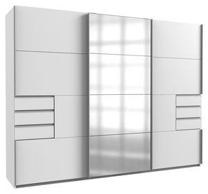 Schwebetürenschrank - 270 x 208 cm - 6 Schubladen - Weiß matt - mit Spiegel