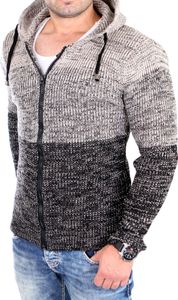 Reslad Strickjacke Herren Colorblock Kapuzen Cardigan Jacke RS-3109 Schwarz S
