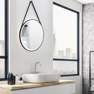 COSTWAY φ61cm kulaté koupelnové zrcadlo LED s koženým řemínkem, stmívatelné, 3 teploty barev, funkce proti zamlžování a paměť, závěsné zrcadlo na zeď