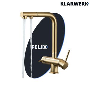 Felix | 3 Wege Premium Gold matt ausziehbare Armatur | Gastro Edelstahl Osmose Wasserhahn Küche |Mischbatterie - 360 Grad | Filter 3 Anschlüsse