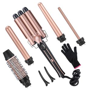 5 in 1 Lockenstab Set mit 4 Fässer, Lockenstab Warmluftbürste Große Locken Lockenstäbe Einstellbare Temperatur Lockenwickler mit Welleneisen Keramikbeschichtung Curling Wand Set