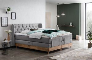 Belanoti EON Boxspringbett 180x200 elektrisch verstellbar 7-Zonen Taschenfederkern Matratze inkl Visco Topper Bett 180x200 mit Motor in der Farbe Hellgrau H2/H3 Polsterbett Motorbett mit Massivholz
