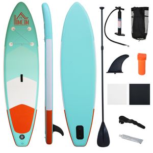 HOMCOM Aufblasbares Surfbrett, Surfboard mit Paddel, Stand Up Board, Rutschfest, Inkl. Ausrüstung, PVC, EVA, Grün, 305 x 76 x 15 cm