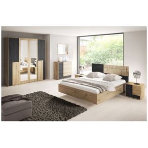 Schlafzimmer-Set Bettgestell Kleiderschrank Nachttisch Kommode Bafra mit Fancy-Matratze (Artisan Eiche/Schwarze Norwegische Kiefer)