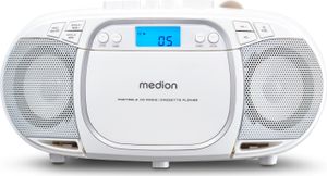 MEDION E66476 Stereozvukový systém (boombox, CD prehrávač, MP3, kazety, prenosný kazetový prehrávač pre deti, FM rádio, AUX, slúchadlá, sieť a batéria) biely