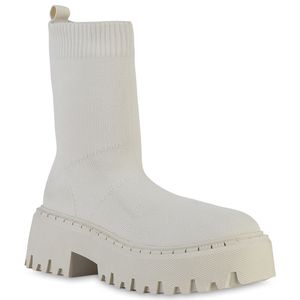 VAN HILL Damen Stiefeletten Plateau Boots Blockabsatz Stiefel Strick Schuhe 839539, Farbe: Creme, Größe: 39