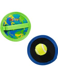 myToys ORIGINALS  Neopren Klettball Set, Hai-Motiv, grün, mit wiederverwendbarem Beutel, 2 Neopren Klettscheiben mit Ball, Klettball Wurfspiel