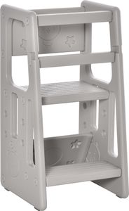 HOMCOM Lernturm Kinder-Tritthocker, Montessori Lernturm mit Handgriffe, Höhenverstellbarer Schemel, Küchenhelfer für Kinder 1,5 bis 5 Jahre, HDPE, Grau, 47 x 47 x 90 cm