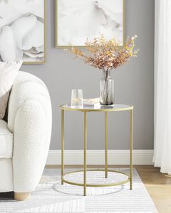 VASAGLE Beistelltisch mit goldenem Metallgestell stabil robustes Hartglas rund Glastisch kleiner Nachttisch Gold Sofatisch dekorativ LGT20G