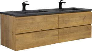 Badezimmer Badmöbel-Set Angela 160 cm - Schwarzes Waschbecken - Eiche - Unterschrank Schrank Waschbecken Waschtisch