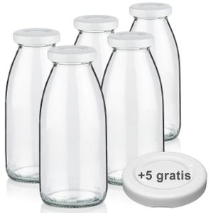 Milchflaschen 0,25L Smoothie Saft Flaschen 250ml leere Glasflaschen Deckel BPA frei, 5 Milchflaschen mit 10 Deckeln