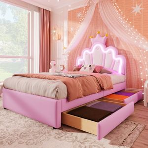 Abrihome Polsterbett Kinderbett 90x200 cm mit LED und 2 Schubladen, Prinzessinnenbett Kronenförmiges Kopfteil, PU, Rosa