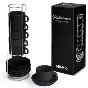 MIAMIO -  6 x 75 ml Espresso Tassen / Espressotassen Set mit Ständer Schwarz