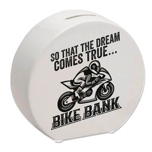 Bike Bank Spardose mit Spruch und Motorrad in weiß