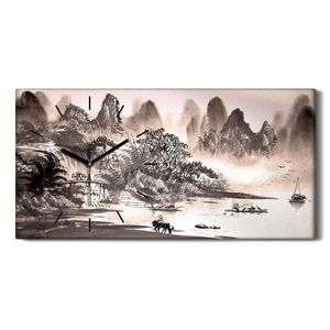 Wohnzimmer-Bild Leinwand Uhr 60x30 Chinesische Landschaft AquarellMalerei - schwarze Hände